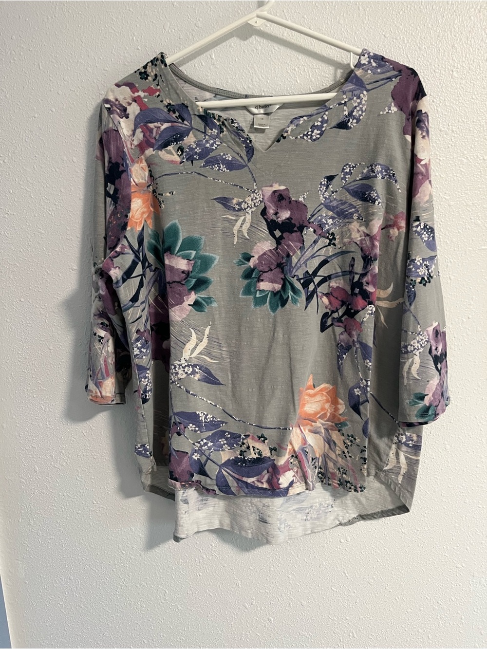 CJ Banks Floral Split-Neck Tunic in Gray, Purple and Teal Size 1X